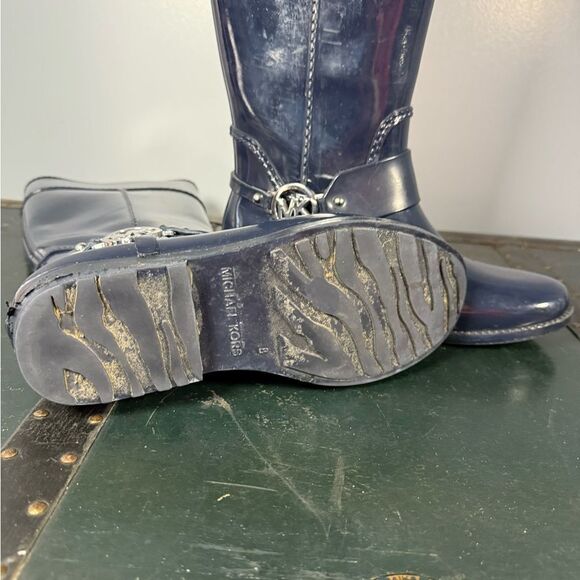 Michael Kors FULTON HARNESS RAINBOOT Knee High Rubber NAVY BLUE Women Size 8 - Picture 4 of 5